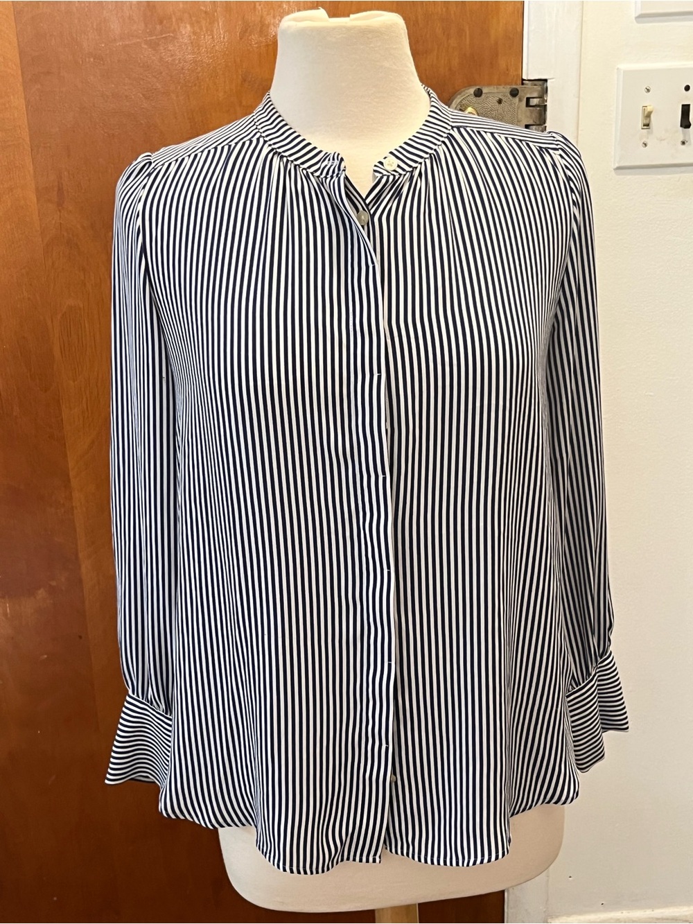 Loft Women's Striped Long Sleeve Blouse, Blue/White, Button-Up, Sheer, Size S